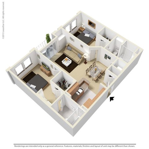 Floor plan for 2 beds, 2 baths, 991 sqft